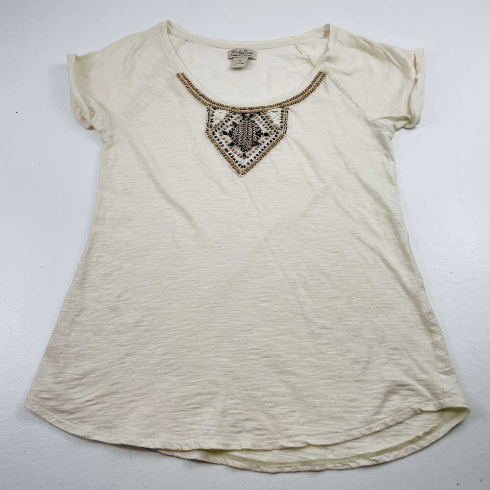 Lucky Brand Women Top Size Small Crewneck Short Sleeves Beaded Front lightweight